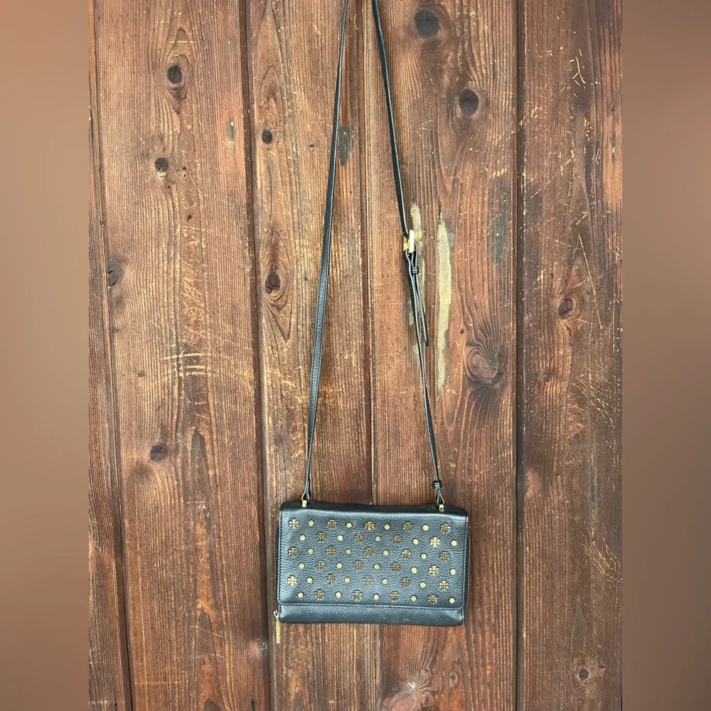 RARE Tory Burch black leather clutch/shoulder bag with gold tone logos and studs - Picture 7 of 11